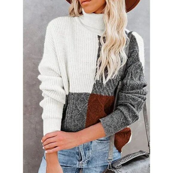 Red & Gray Colorblock Print Cable Knit Turtleneck Long Sleeve Pullover Sweater - Picture 6 of 10